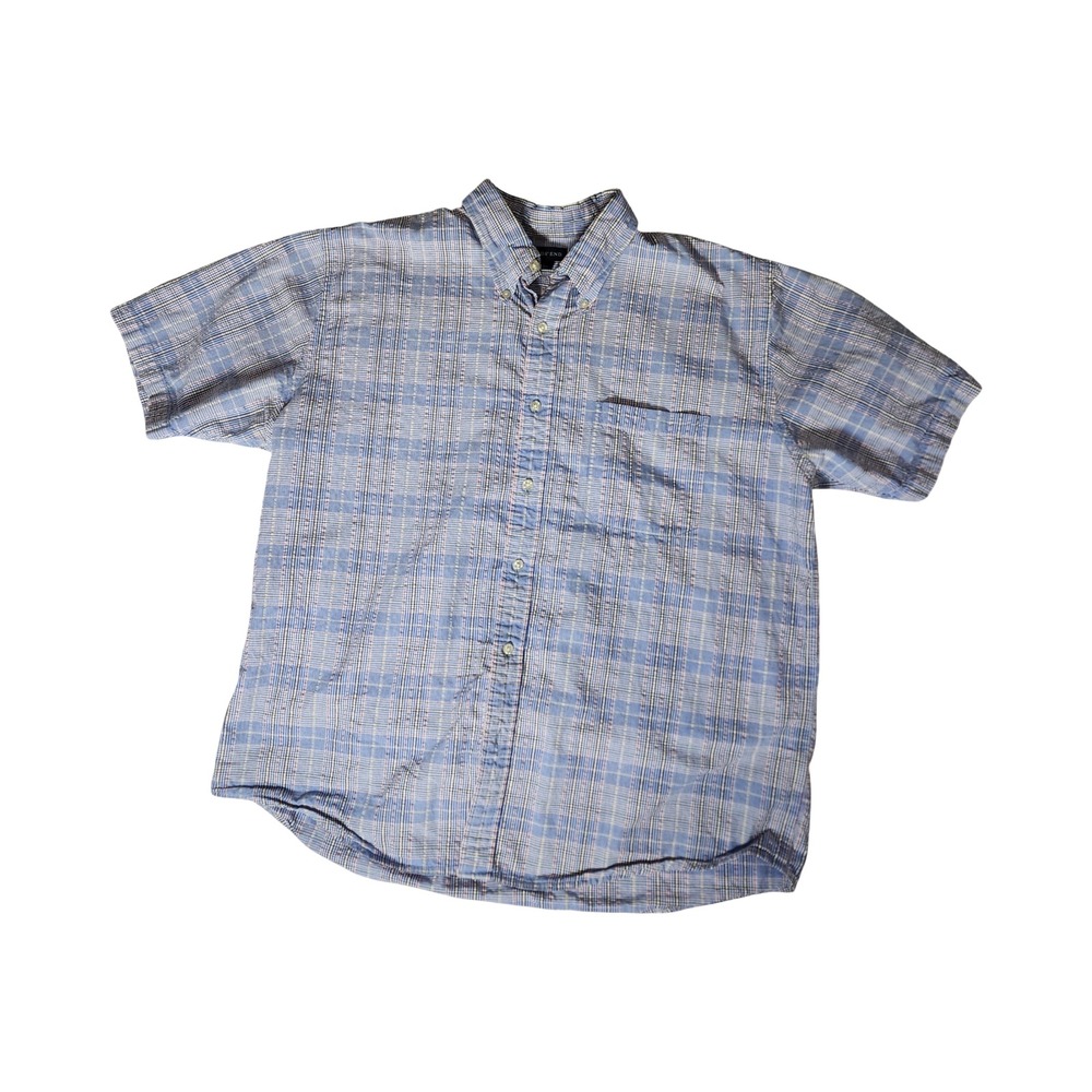 Lands End Mens Short Sleeve Button Down Shirt Blue Plaid Cotton Large 16-16.5